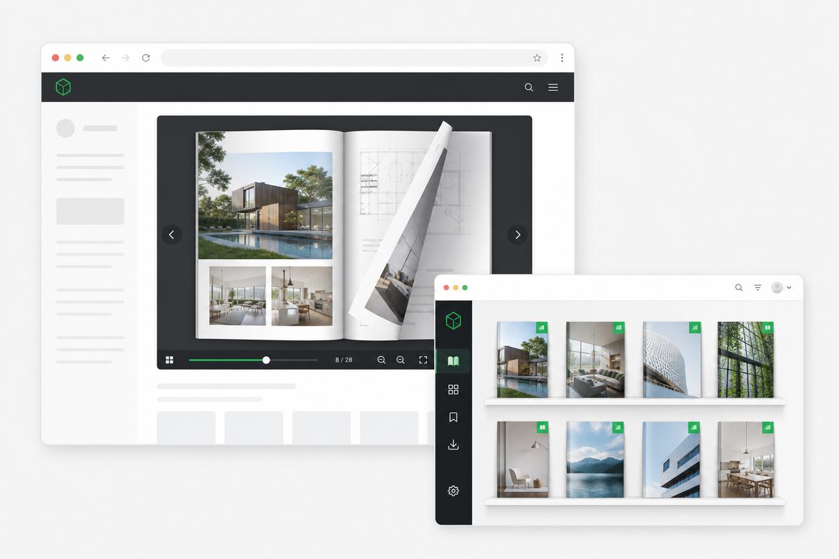 Flipbook and bookshelf embedded in a website browser