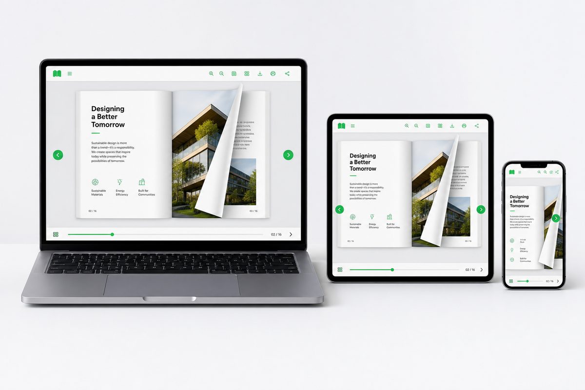 Flipbook open on laptop, tablet, and phone — responsive across devices