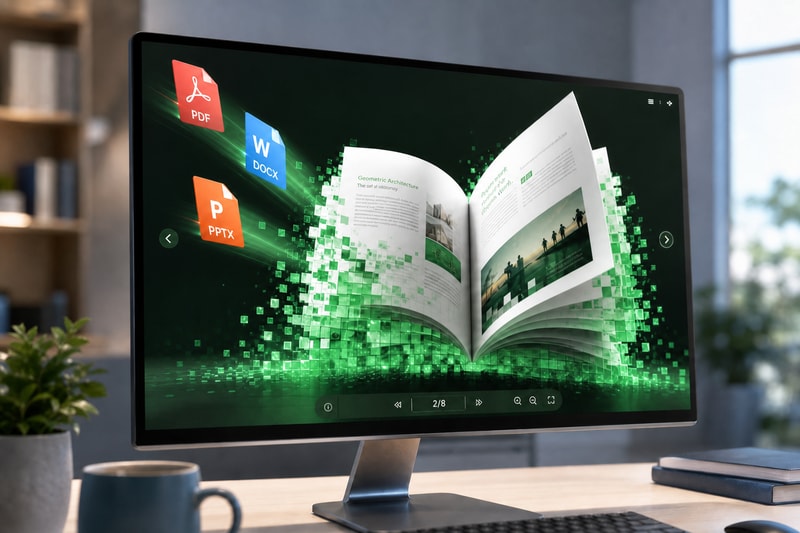 Upload PDF, Word, or PowerPoint — files form a 3D flipbook on screen