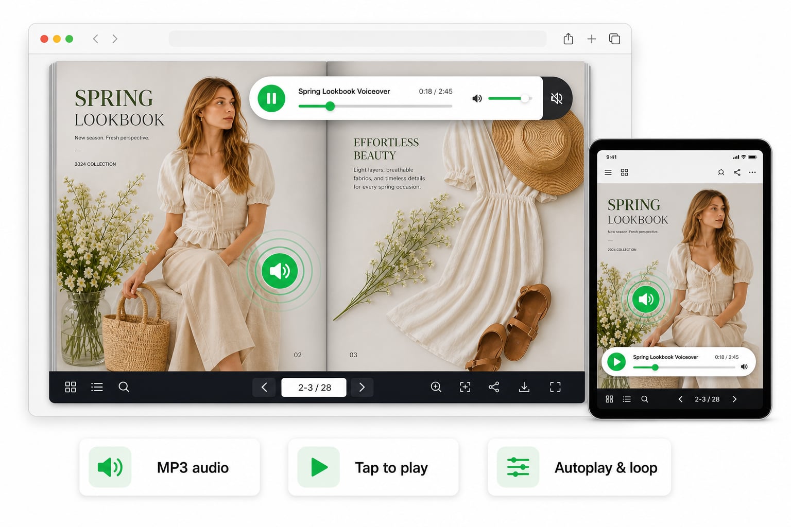 Flipbook page with a speaker audio icon and a mini player for uploaded MP3 playback