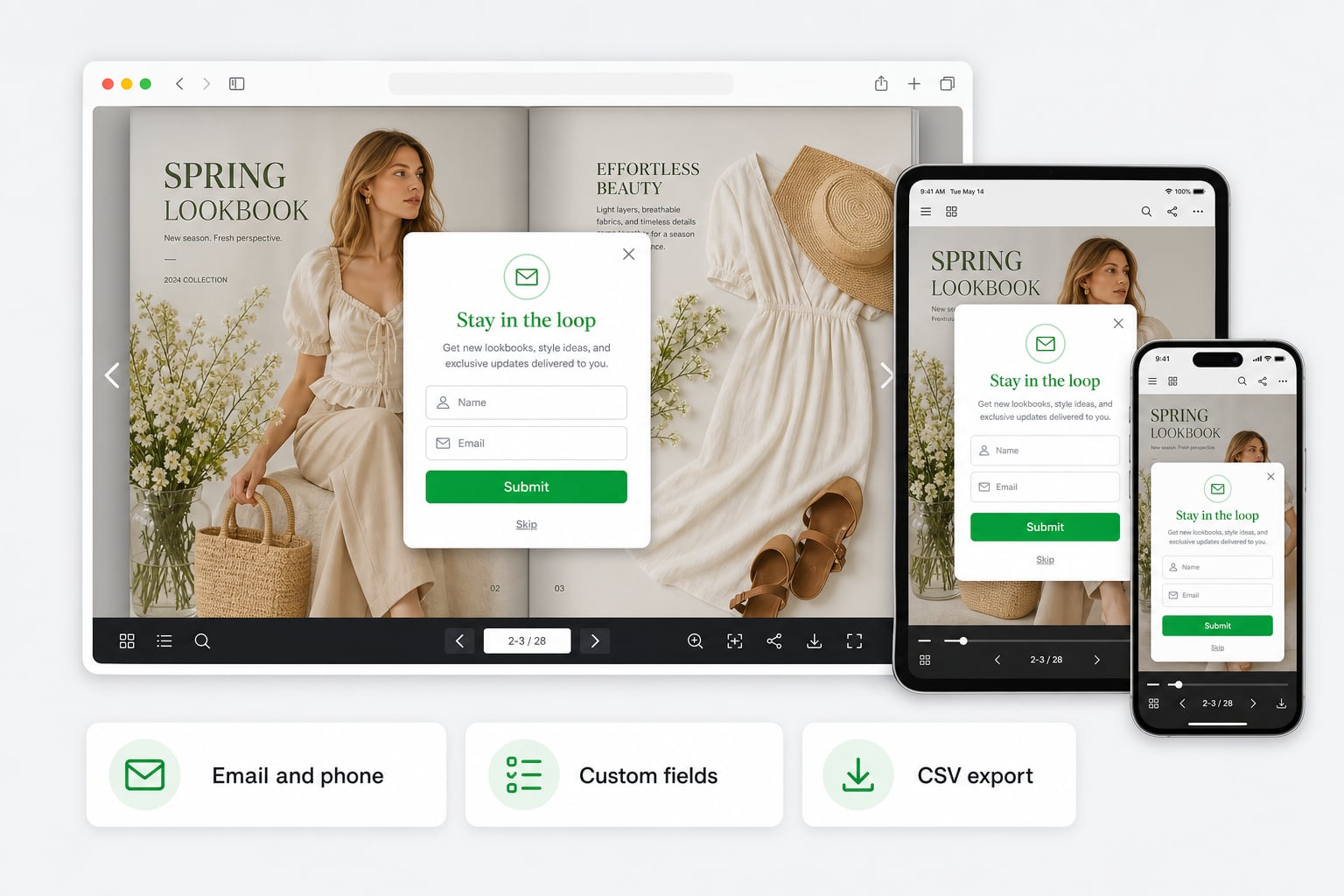 Flipbook lead capture form — collect emails, phone numbers, and custom fields from readers