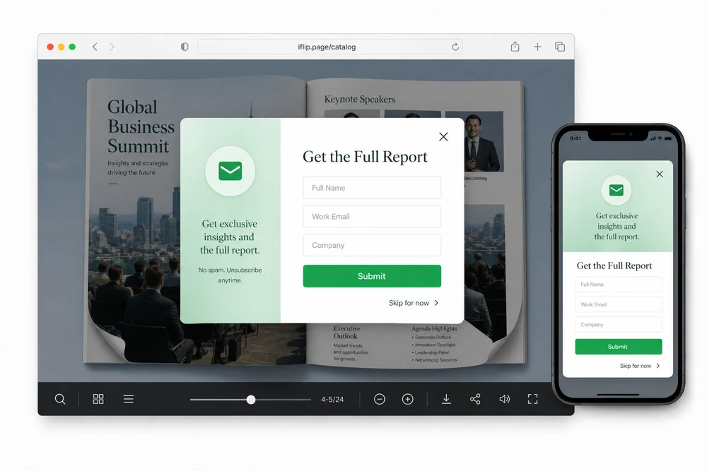 Flipbook lead capture form modal