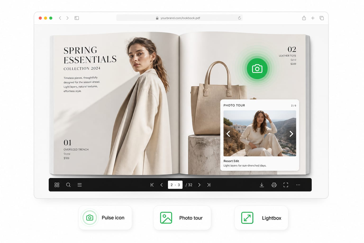 Flipbook page with a photo tour embed and pulse camera hotspot icons