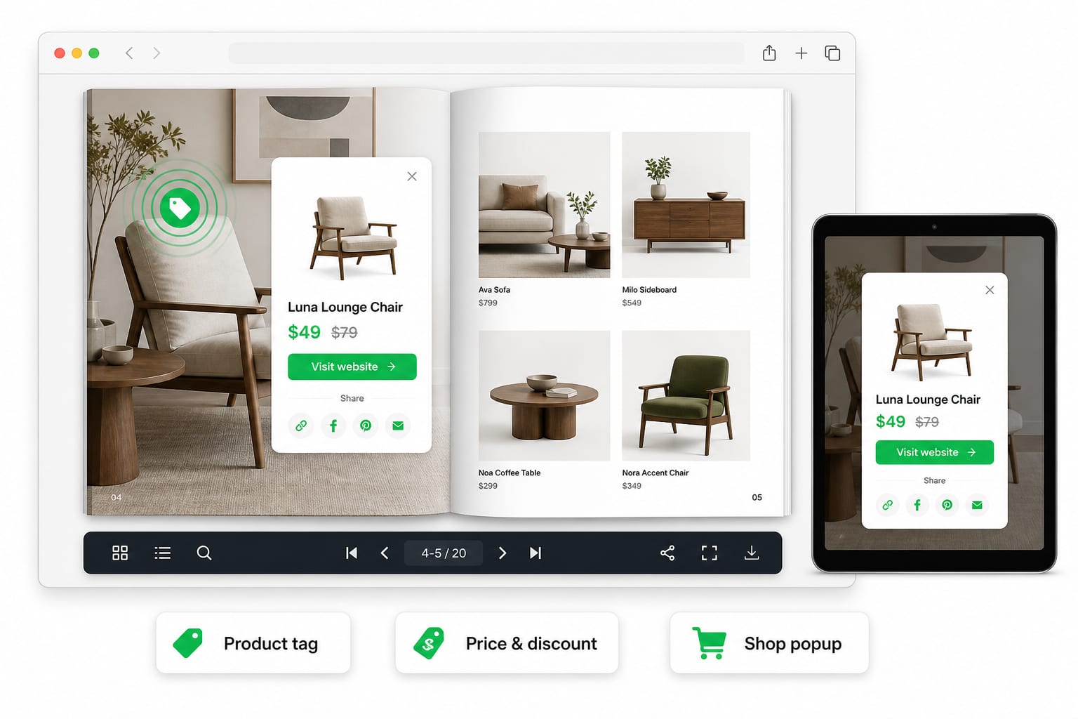 Flipbook product tag hotspot opening a shop popup with price and visit website button
