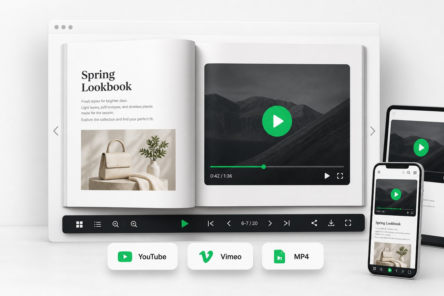 Flipbook page with an embedded video player — YouTube, Vimeo, and MP4 supported
