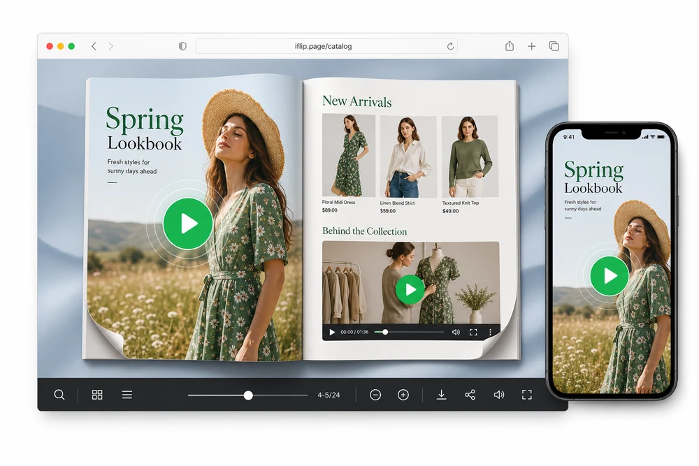 Flipbook page with video play icon and embedded video player