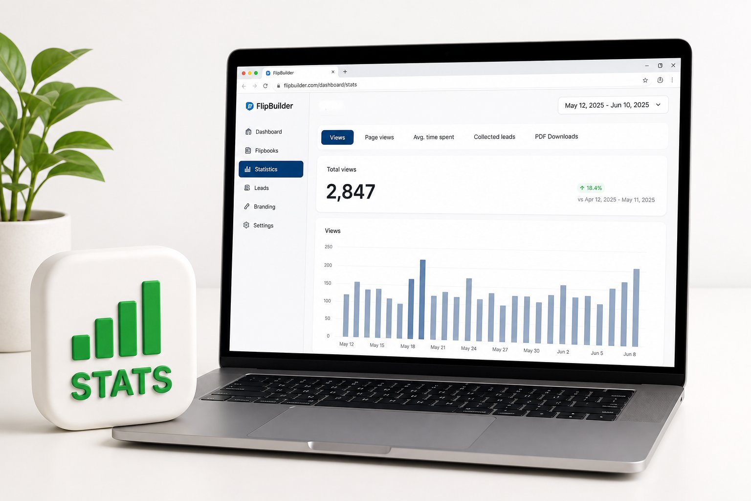 Flipbook statistics dashboard showing views, page engagement, and reading time
